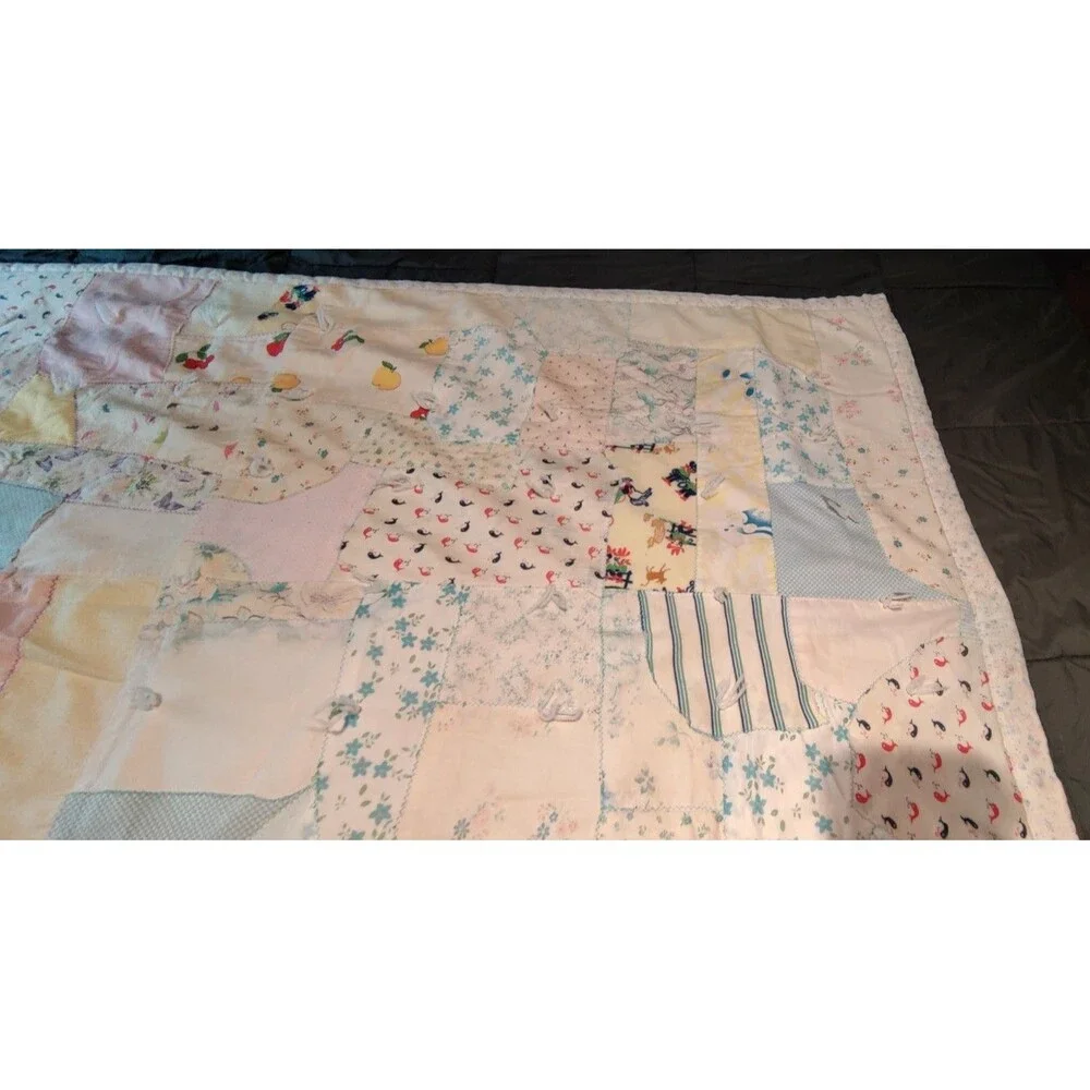 Vintage 1970s Handmade Tied Patchwork Baby Quilt Crib Blanket Nursery 55